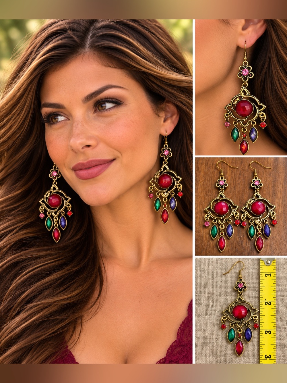 Ornate Red Green Purple Chandelier Statement Earrings